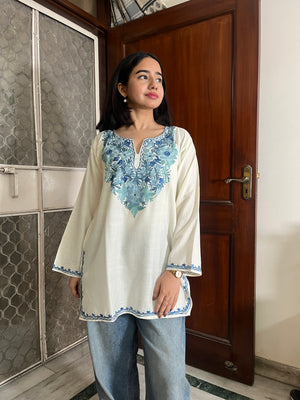 Trisha Kashmiri Short Cotton kurti- White