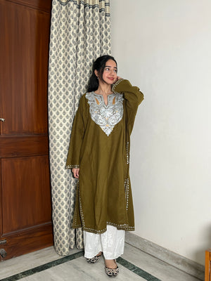 Kashmiri Woollen Tilla Pheran - Olive green