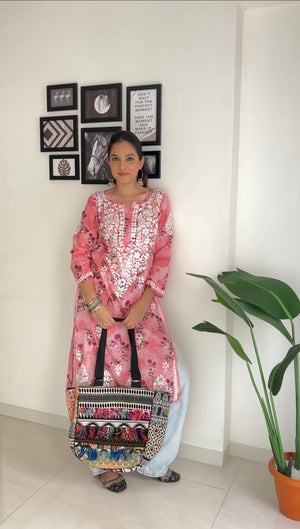 Vaishali Mulmul Chikankari Kurta- Pink