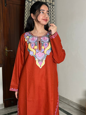 Tisha kashmiri aari woollen kurta set - Rust Orange