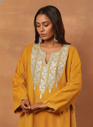 Kashmiri Woollen Tilla Pheran - Yellow