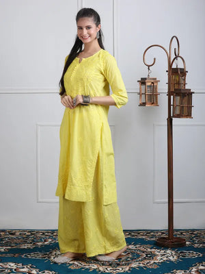 Tashi Dobby Cotton Chikankari Kurta set- Yellow