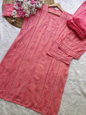 Jasmine Rayon lace kurta set with dupatta- Coral