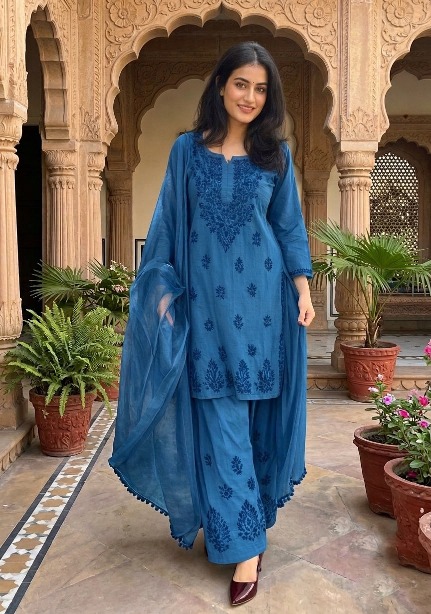 Zoya Cotton Farshi Suit Set- Blue