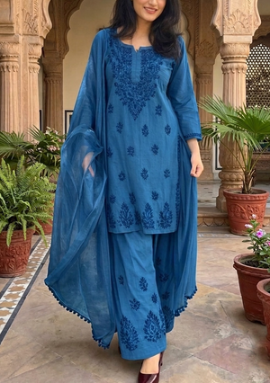 Zoya Cotton Farshi Suit Set- Blue