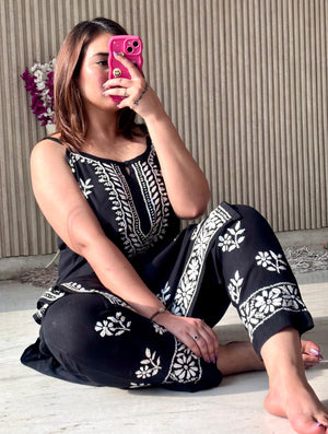 Rayon noodle strap kurta set- Black