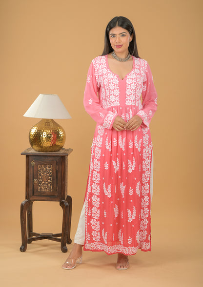 Muslin Chikankari Ombre Long Kurta - Pink