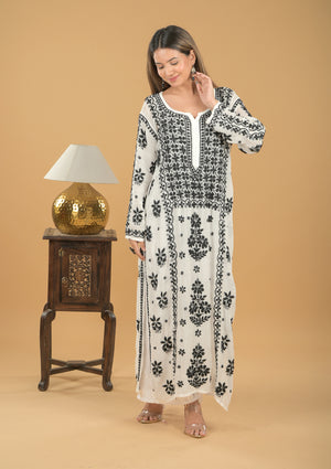 Viscose Georgette Chikankari Long Kurta - White