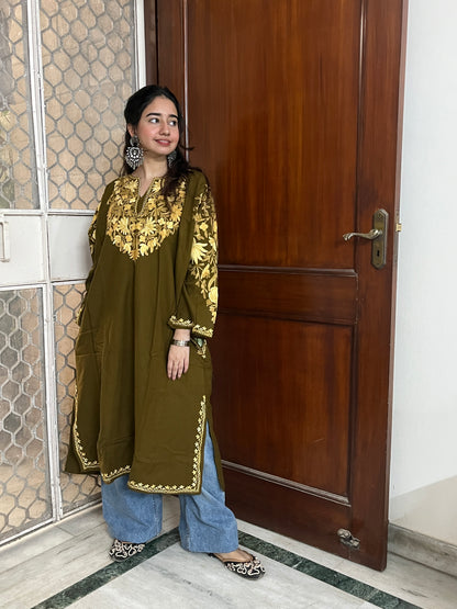 Kashmiri Aari Woollen Pheran- Olive Green