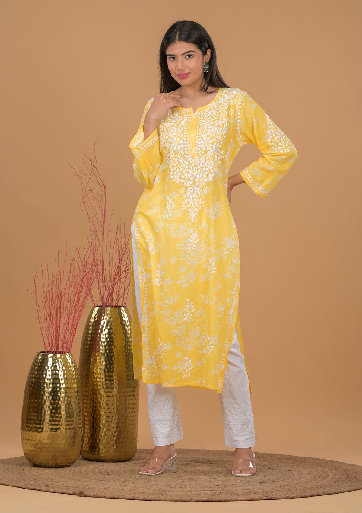 Mulmul Cotton Print Chikankari Kurta- Yellow