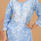 Mulmul Cotton Print Chikankari Kurta- Blue