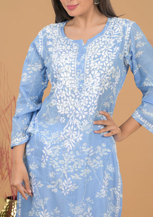 Mulmul Cotton Print Chikankari Kurta- Blue