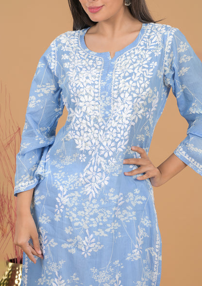 Mulmul Cotton Print Chikankari Kurta- Blue