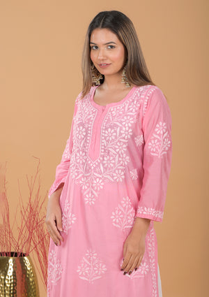 Chanderi Chikankari Long Kurta - Pink