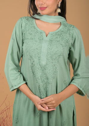 Rayon Chikankari Women's 3 PC Long Kurta Set - Green