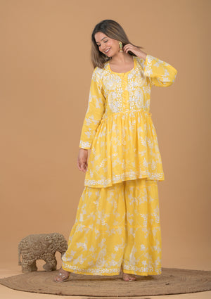 Mulmul Cotton Kurta & Palazzo Chikankari Set - Yellow