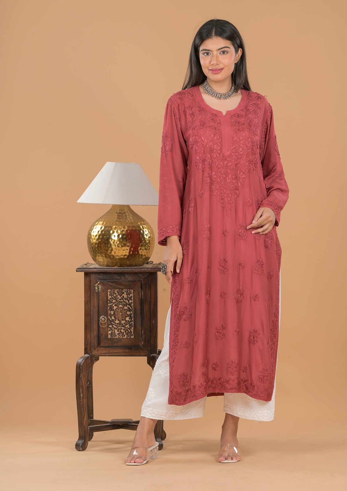 Muslin Chikankari Long Kurta - Rust colour
