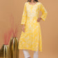 Mulmul Cotton Print Chikankari Kurta- Yellow