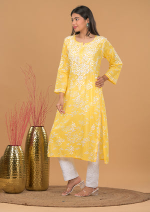 Mulmul Cotton Print Chikankari Kurta- Yellow