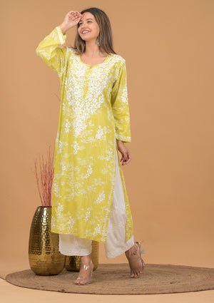 Mulmul Cotton Print Chikankari Kurta- Green