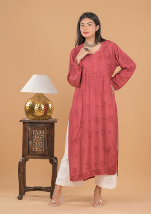 Muslin Chikankari Long Kurta - Rust colour