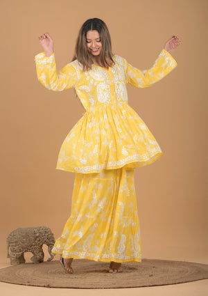 Mulmul Cotton Kurta & Palazzo Chikankari Set - Yellow