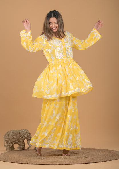 Mulmul Cotton Kurta & Palazzo Chikankari Set - Yellow