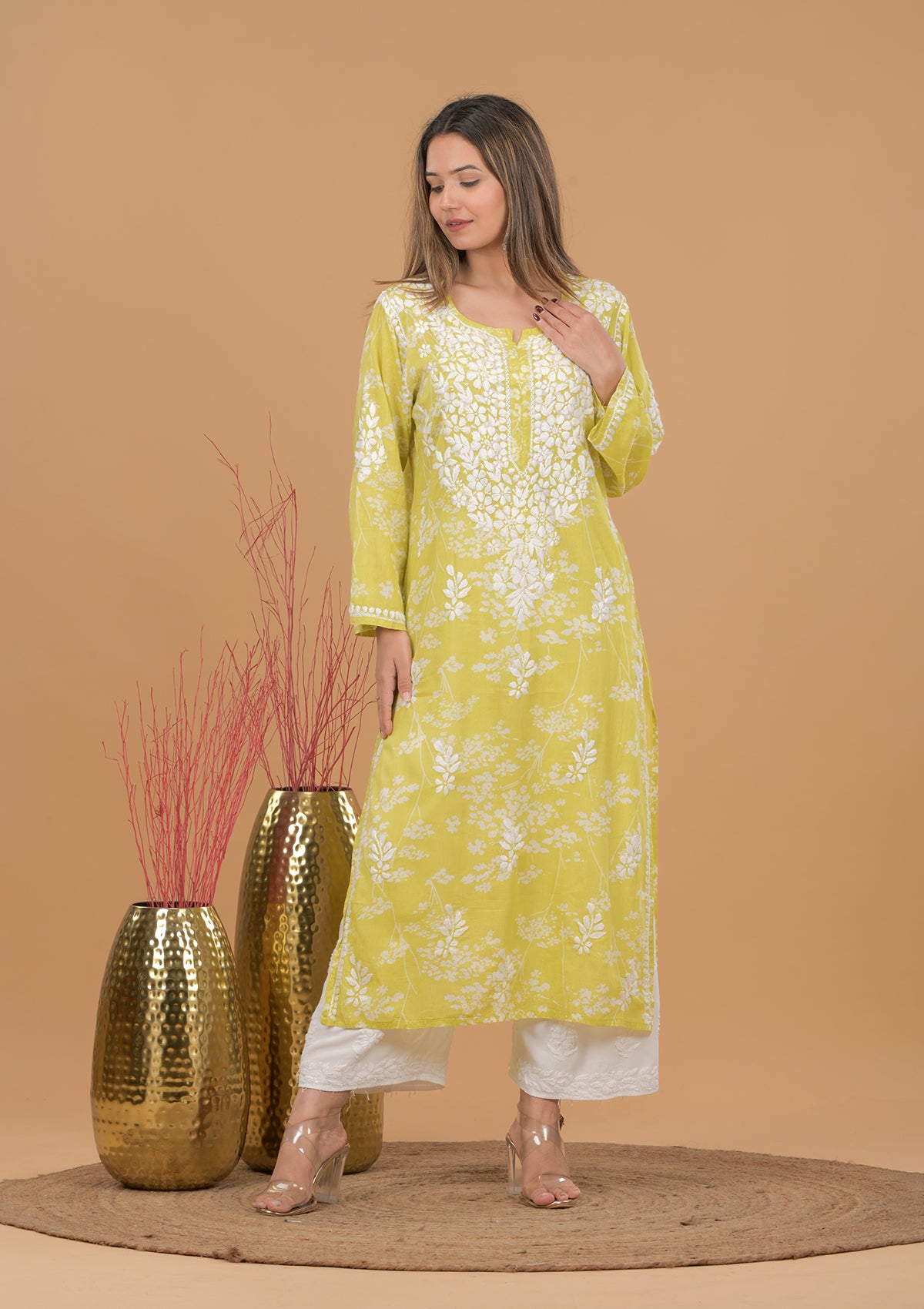 Mulmul Cotton Print Chikankari Kurta- Green