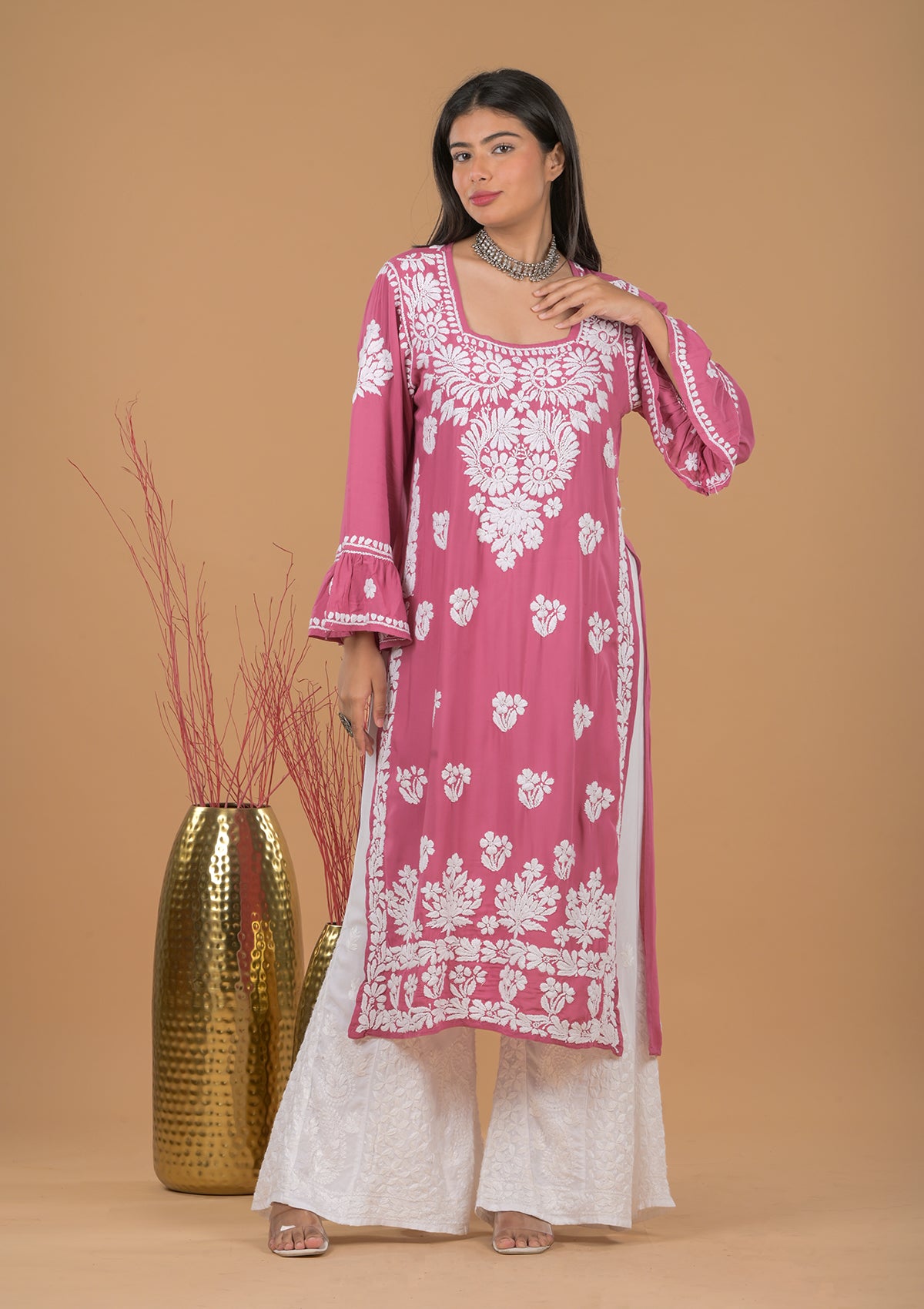 Modal 3D Chikankari Long Kurta- Dark Pink