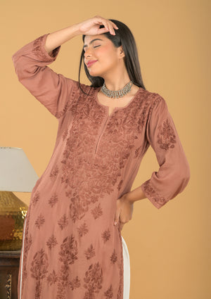 Modal Chikankari Long Kurta - Brown
