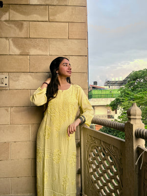 Aisha Rayon Chikankari Kurta set- Yellow