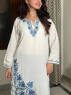 Saira Kashmiri long Cotton kurti- White