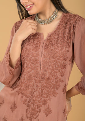 Modal Chikankari Long Kurta - Brown