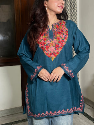 Kashmiri Short Cotton kurti- Teal Blue