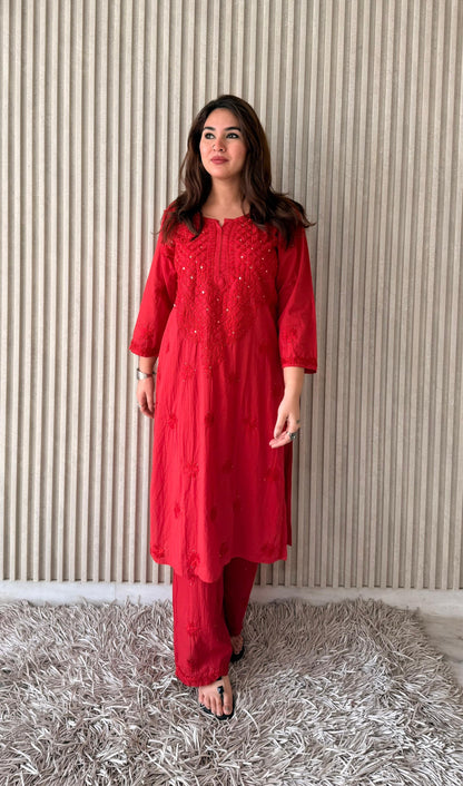 Leela Mukaish Cotton Chikankari kurta palazzo set- Red