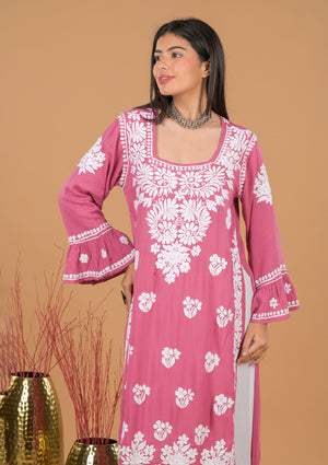 Modal 3D Chikankari Long Kurta- Dark Pink