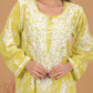 Mulmul Cotton Print Chikankari Kurta- Green