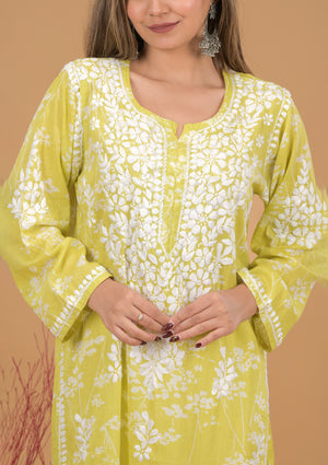 Mulmul Cotton Print Chikankari Kurta- Green