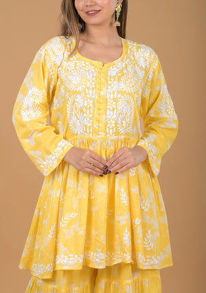 Mulmul Cotton Kurta & Palazzo Chikankari Set - Yellow