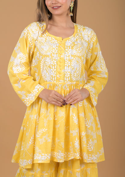 Mulmul Cotton Kurta & Palazzo Chikankari Set - Yellow