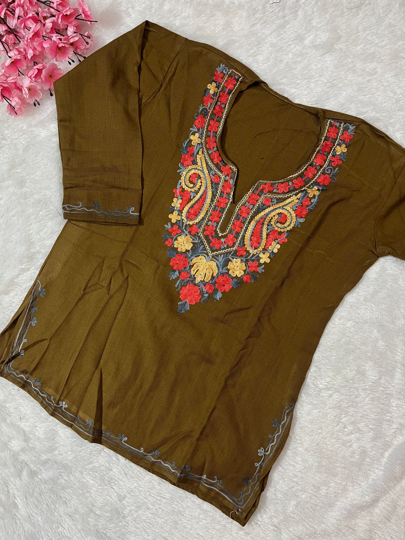 Ziya Kashmiri Short woollen kurti- Brown