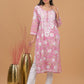 Mulmul Cotton Print 3D Chikankari Kurta- Pink
