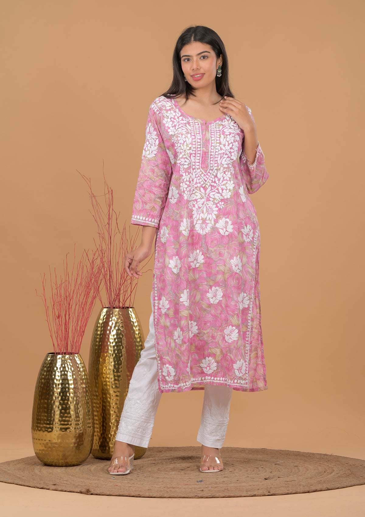 Mulmul Cotton Print 3D Chikankari Kurta- Pink