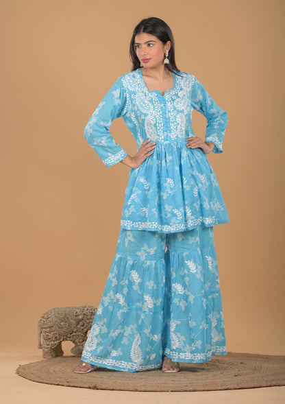 Mulmul Cotton Kurta & Palazzo Chikankari Set - Blue