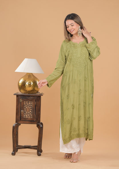 Muslin Chikankari Long Kurta - Green