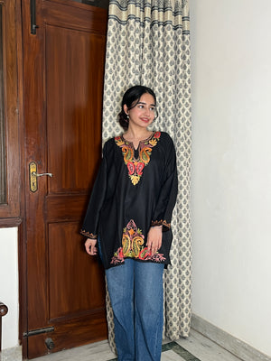 Sejal Kashmiri Short Cotton kurti- Black