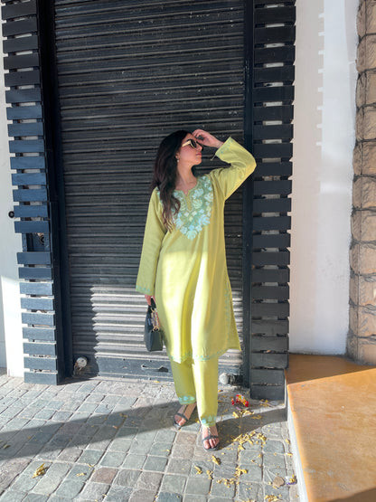 Saira Kashmiri cotton Aari Kurta Set- Green