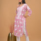 Mulmul Cotton Print 3D Chikankari Kurta- Pink