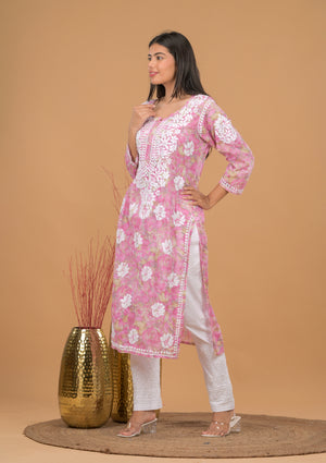 Mulmul Cotton Print 3D Chikankari Kurta- Pink