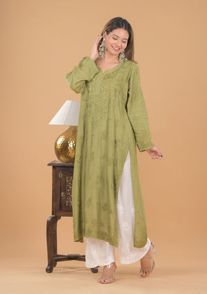 Muslin Chikankari Long Kurta - Green